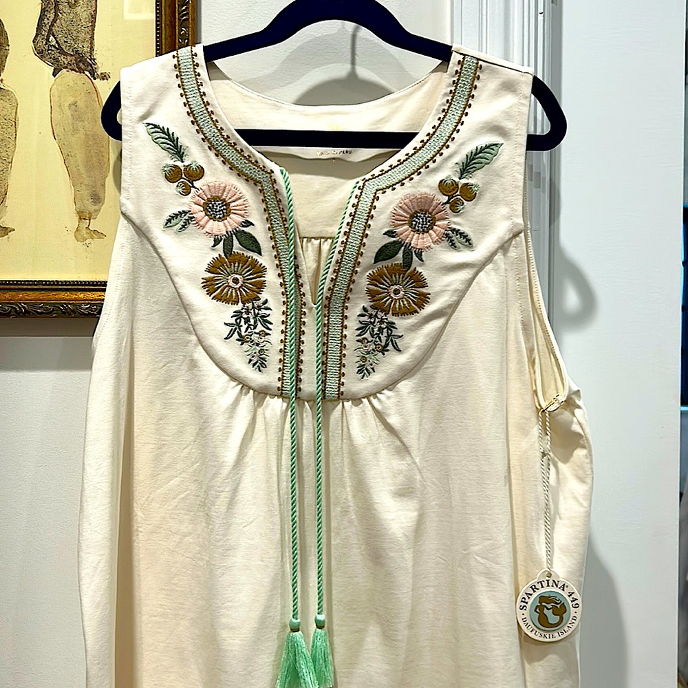 NWT Spartina Faye Embroidered Tank Pearl White